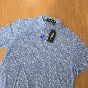 RLX Ralph Lauren Mens Golf Polo Moisture Wicking 3-Button Petals Blue Medium NWT